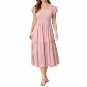 Baltic Born Smocked Flutter Sleeve Midi Pockets Dress Pink Women’s Size XL